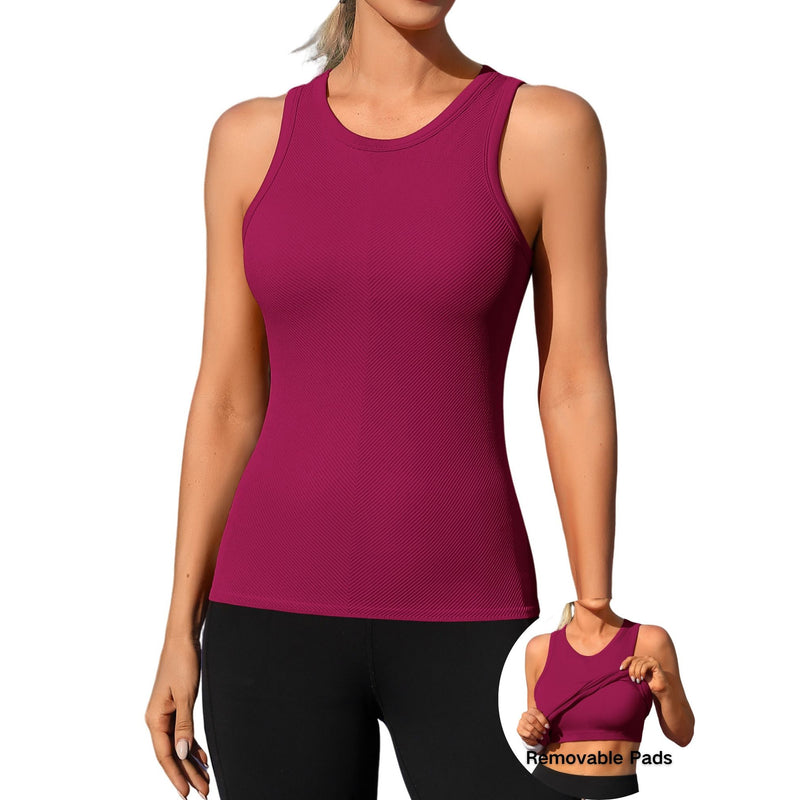 ANFERRY Ribbed Workout Tank Tops for Women Seamless Full Length Athletic Camisole with Built in Bra