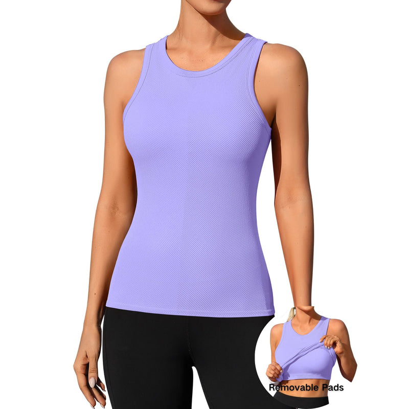 ANFERRY Ribbed Workout Tank Tops for Women Seamless Full Length Athletic Camisole with Built in Bra