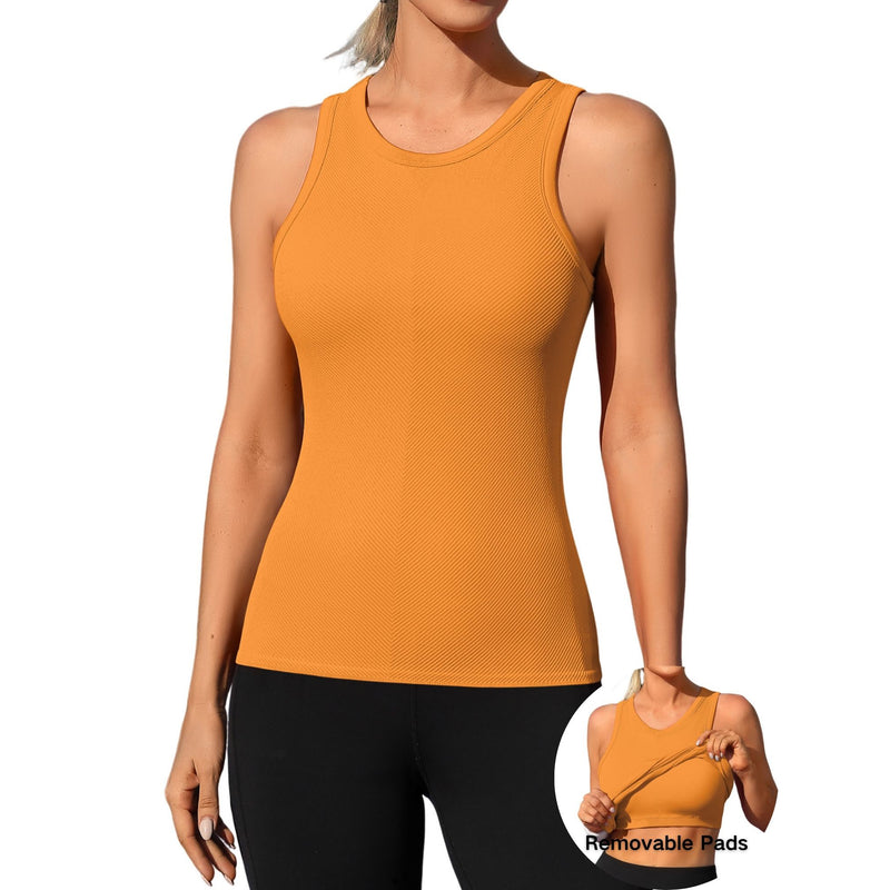 ANFERRY Ribbed Workout Tank Tops for Women Seamless Full Length Athletic Camisole with Built in Bra