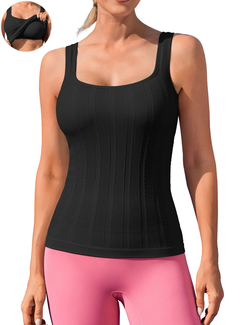 ANFERRY Workout Ribbed Tank Tops for Women Square Neck Seamless Camisoles with Built in Bra Athletic Yoga Top