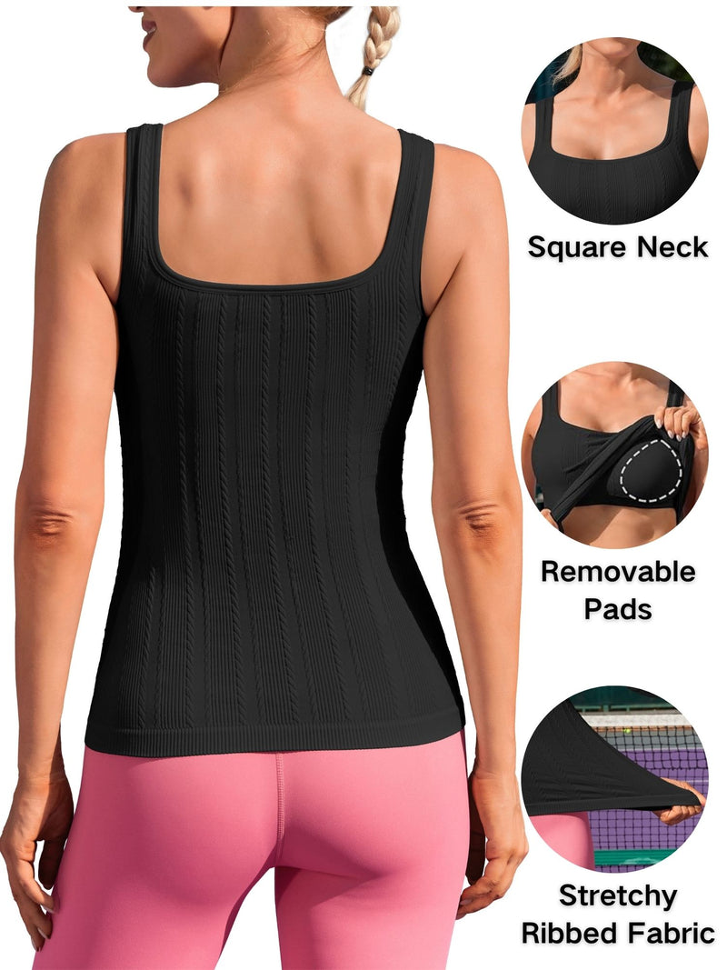 ANFERRY Workout Ribbed Tank Tops for Women Square Neck Seamless Camisoles with Built in Bra Athletic Yoga Top
