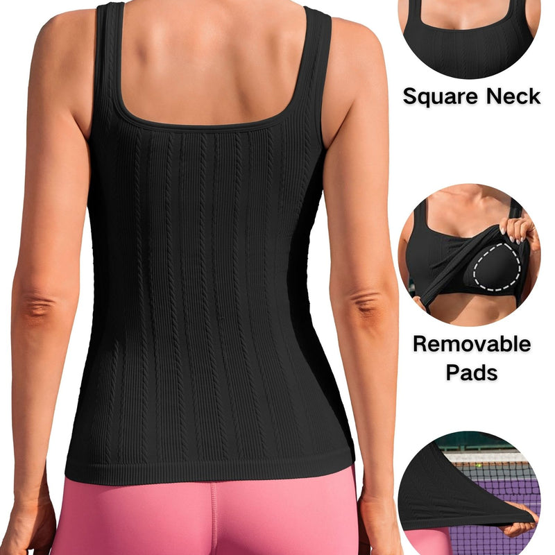ANFERRY Workout Ribbed Tank Tops for Women Square Neck Seamless Camisoles with Built in Bra Athletic Yoga Top