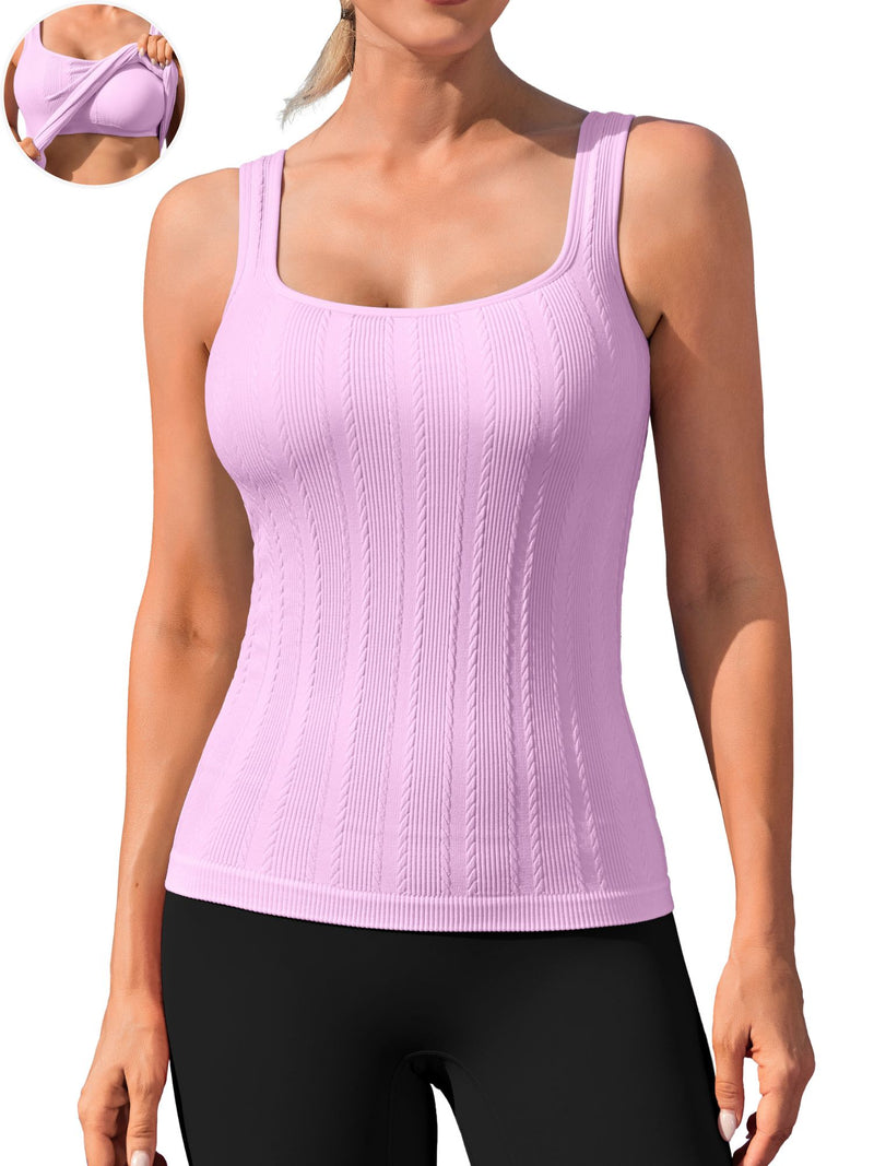 ANFERRY Workout Ribbed Tank Tops for Women Square Neck Seamless Camisoles with Built in Bra Athletic Yoga Top