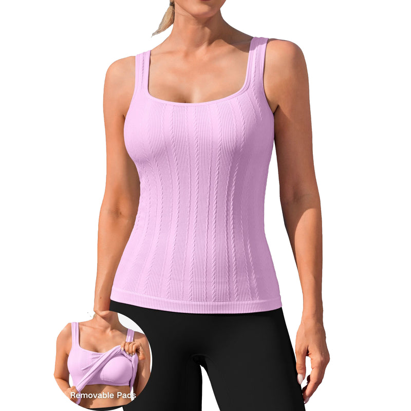 ANFERRY Workout Ribbed Tank Tops for Women Square Neck Seamless Camisoles with Built in Bra Athletic Yoga Top