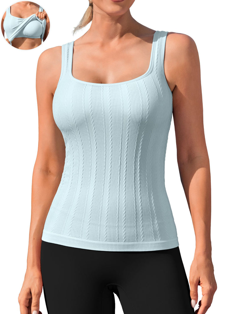 ANFERRY Workout Ribbed Tank Tops for Women Square Neck Seamless Camisoles with Built in Bra Athletic Yoga Top