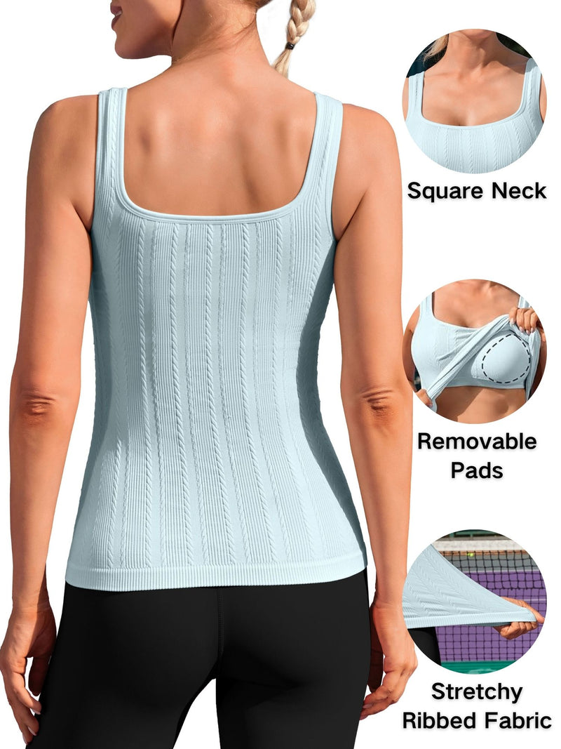 ANFERRY Workout Ribbed Tank Tops for Women Square Neck Seamless Camisoles with Built in Bra Athletic Yoga Top