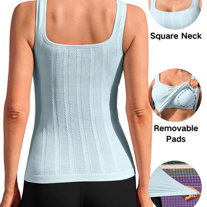 ANFERRY Workout Ribbed Tank Tops for Women Square Neck Seamless Camisoles with Built in Bra Athletic Yoga Top