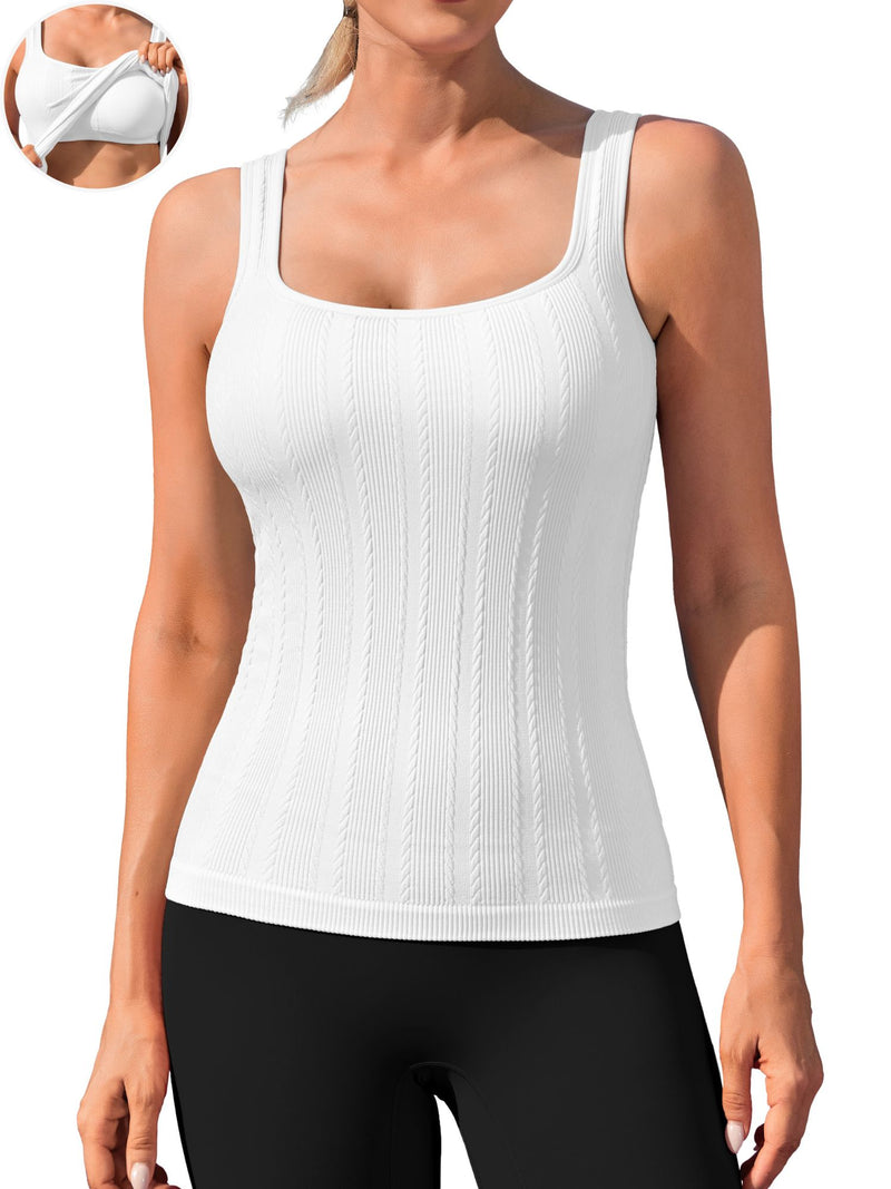 ANFERRY Workout Ribbed Tank Tops for Women Square Neck Seamless Camisoles with Built in Bra Athletic Yoga Top