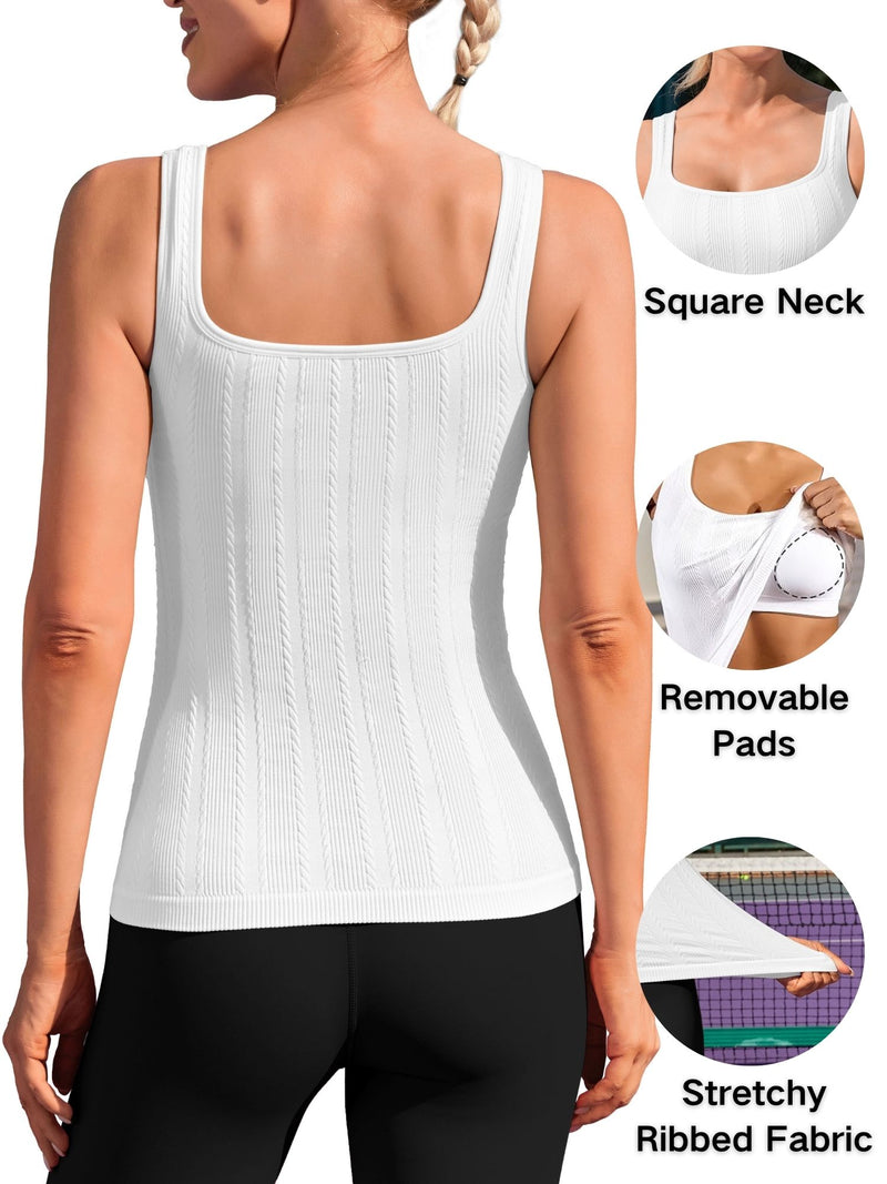 ANFERRY Workout Ribbed Tank Tops for Women Square Neck Seamless Camisoles with Built in Bra Athletic Yoga Top
