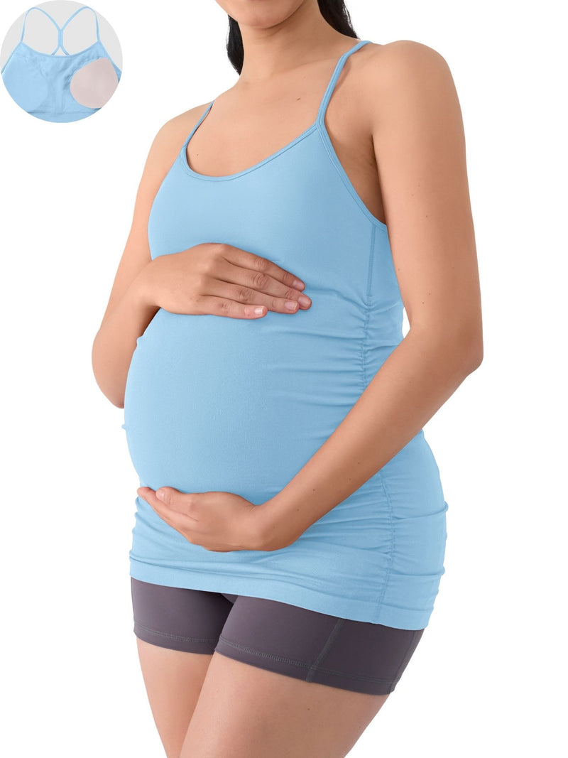 ANFERRY Maternity Tank Tops for Women Seamless Side Ruched Camisoles with Built in Bra Scoop Neck Y Back Pregnancy Basic Shirt