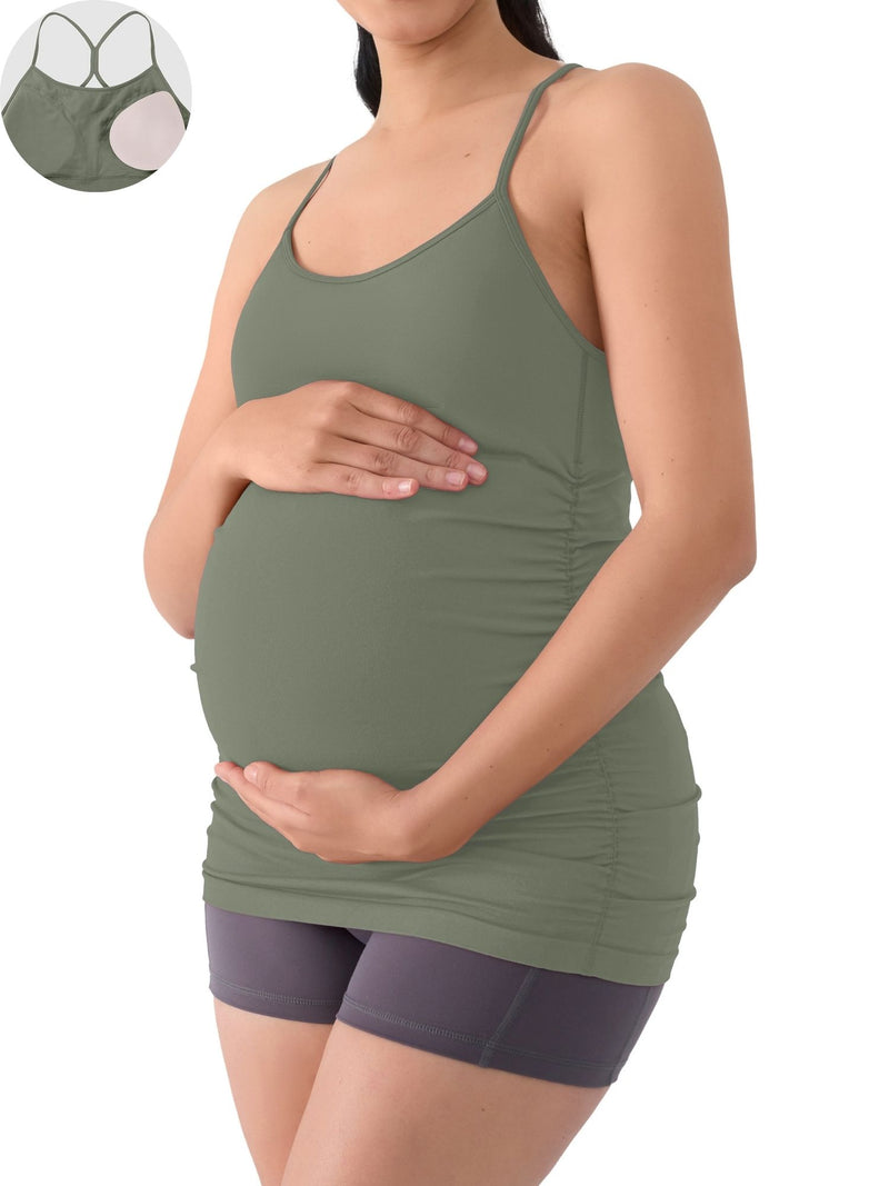ANFERRY Maternity Tank Tops for Women Seamless Side Ruched Camisoles with Built in Bra Scoop Neck Y Back Pregnancy Basic Shirt