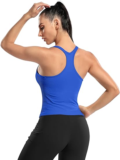 ANFERRY Ribbed Athletic Tank Tops for Women with Built in Bra Racerback Seamless Scoop Neck Workout Camis Top