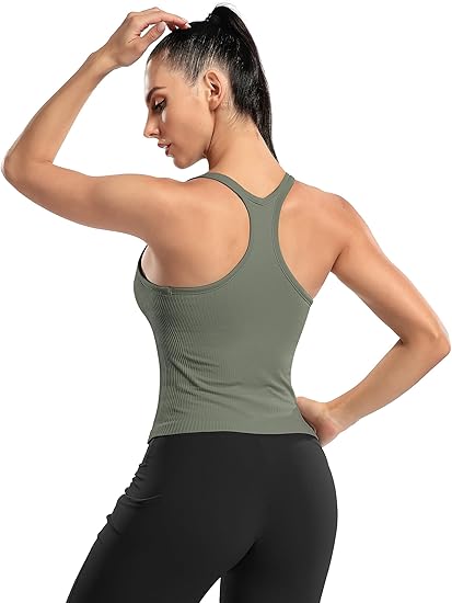 ANFERRY Ribbed Athletic Tank Tops for Women with Built in Bra Racerback Seamless Scoop Neck Workout Camis Top