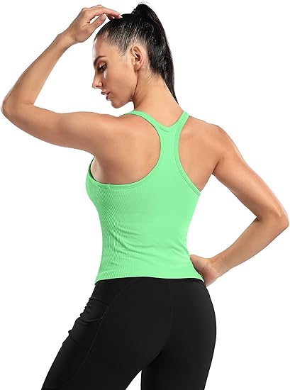 ANFERRY Ribbed Athletic Tank Tops for Women with Built in Bra Racerback Seamless Scoop Neck Workout Camis Top