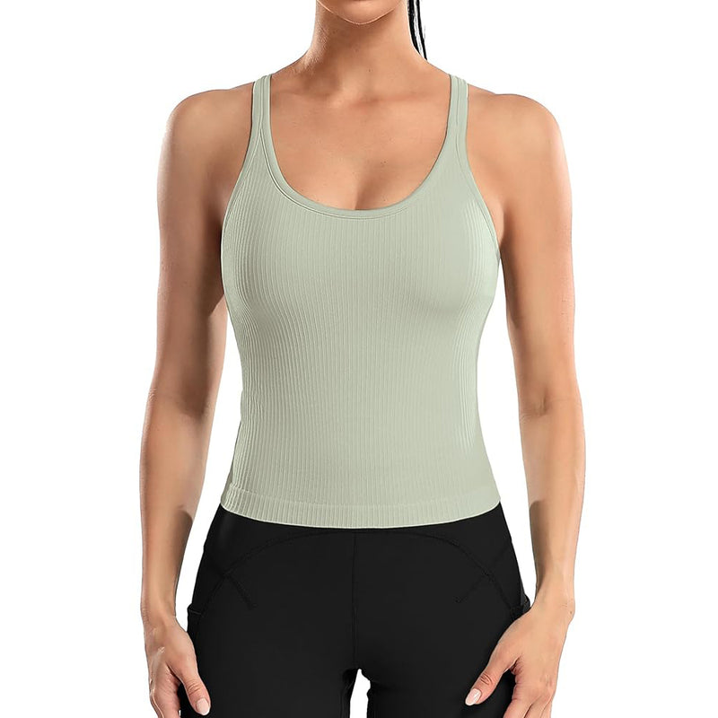 ANFERRY Ribbed Athletic Tank Tops for Women with Built in Bra Racerback Seamless Scoop Neck Workout Camis Top