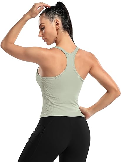ANFERRY Ribbed Athletic Tank Tops for Women with Built in Bra Racerback Seamless Scoop Neck Workout Camis Top