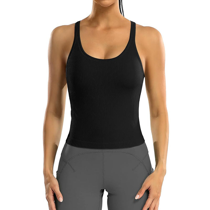 ANFERRY Ribbed Athletic Tank Tops for Women with Built in Bra Racerback Seamless Scoop Neck Workout Camis Top