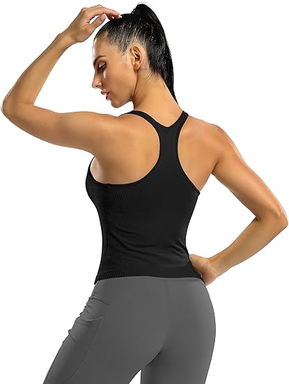 ANFERRY Ribbed Athletic Tank Tops for Women with Built in Bra Racerback Seamless Scoop Neck Workout Camis Top