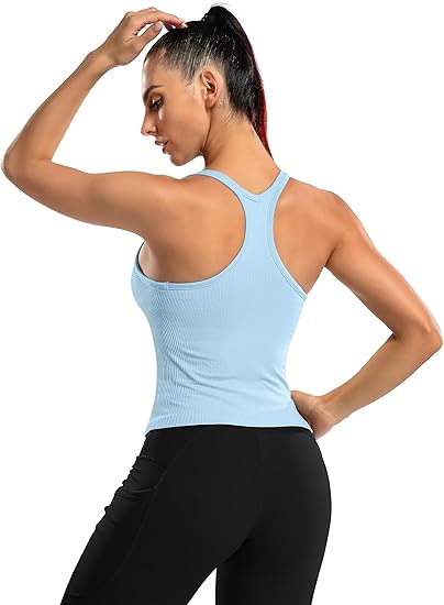 ANFERRY Ribbed Athletic Tank Tops for Women with Built in Bra Racerback Seamless Scoop Neck Workout Camis Top