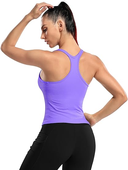 ANFERRY Ribbed Athletic Tank Tops for Women with Built in Bra Racerback Seamless Scoop Neck Workout Camis Top