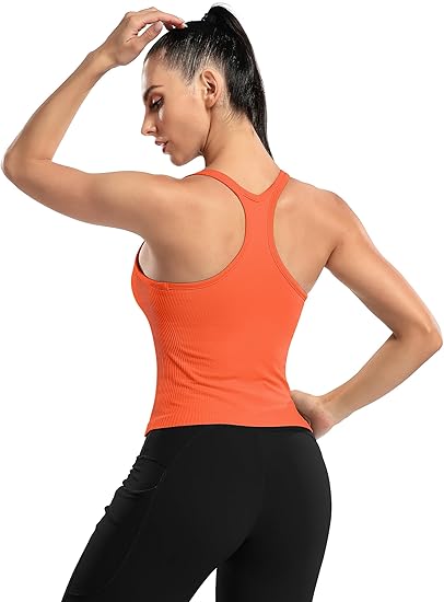 ANFERRY Ribbed Athletic Tank Tops for Women with Built in Bra Racerback Seamless Scoop Neck Workout Camis Top