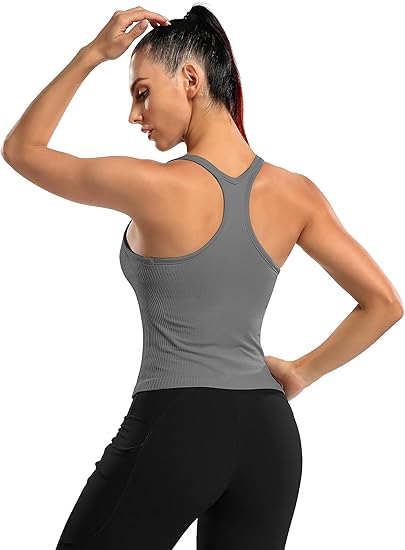 ANFERRY Ribbed Athletic Tank Tops for Women with Built in Bra Racerback Seamless Scoop Neck Workout Camis Top