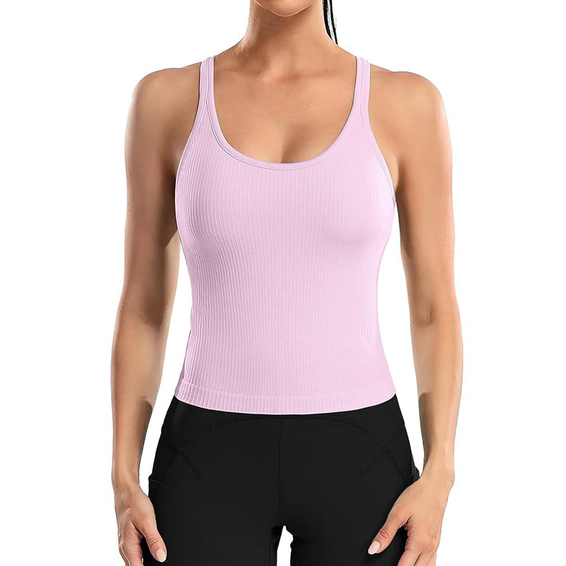 ANFERRY Ribbed Athletic Tank Tops for Women with Built in Bra Racerback Seamless Scoop Neck Workout Camis Top