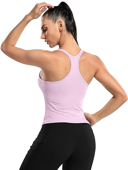 ANFERRY Ribbed Athletic Tank Tops for Women with Built in Bra Racerback Seamless Scoop Neck Workout Camis Top