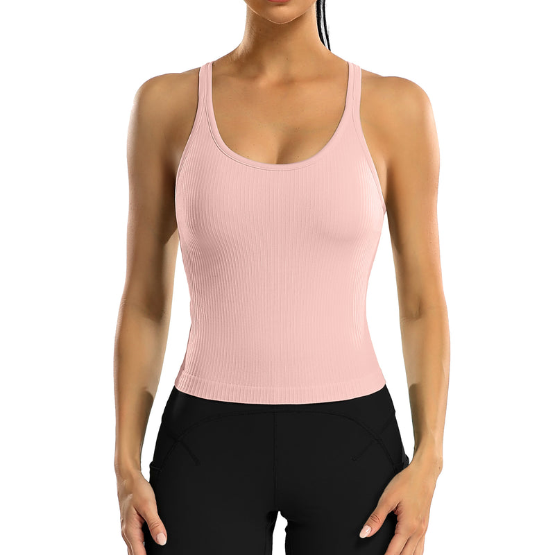 ANFERRY Ribbed Athletic Tank Tops for Women with Built in Bra Racerback Seamless Scoop Neck Workout Camis Top