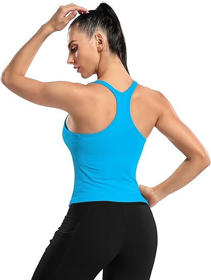 ANFERRY Ribbed Athletic Tank Tops for Women with Built in Bra Racerback Seamless Scoop Neck Workout Camis Top