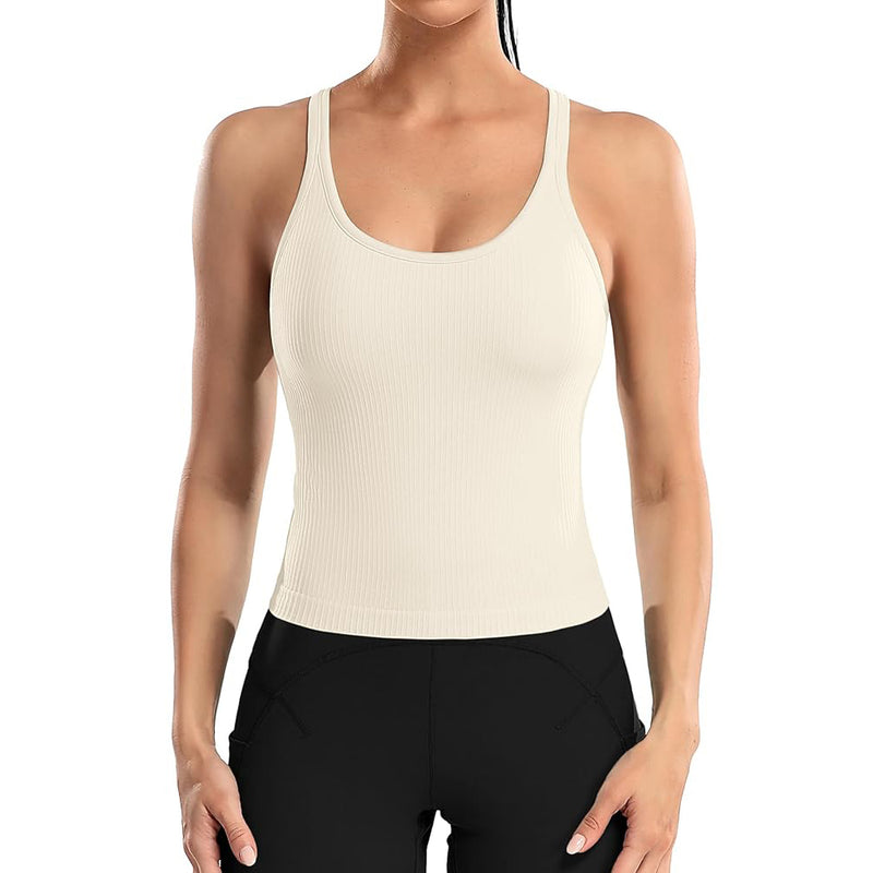 ANFERRY Ribbed Athletic Tank Tops for Women with Built in Bra Racerback Seamless Scoop Neck Workout Camis Top