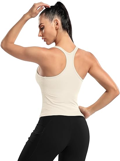 ANFERRY Ribbed Athletic Tank Tops for Women with Built in Bra Racerback Seamless Scoop Neck Workout Camis Top