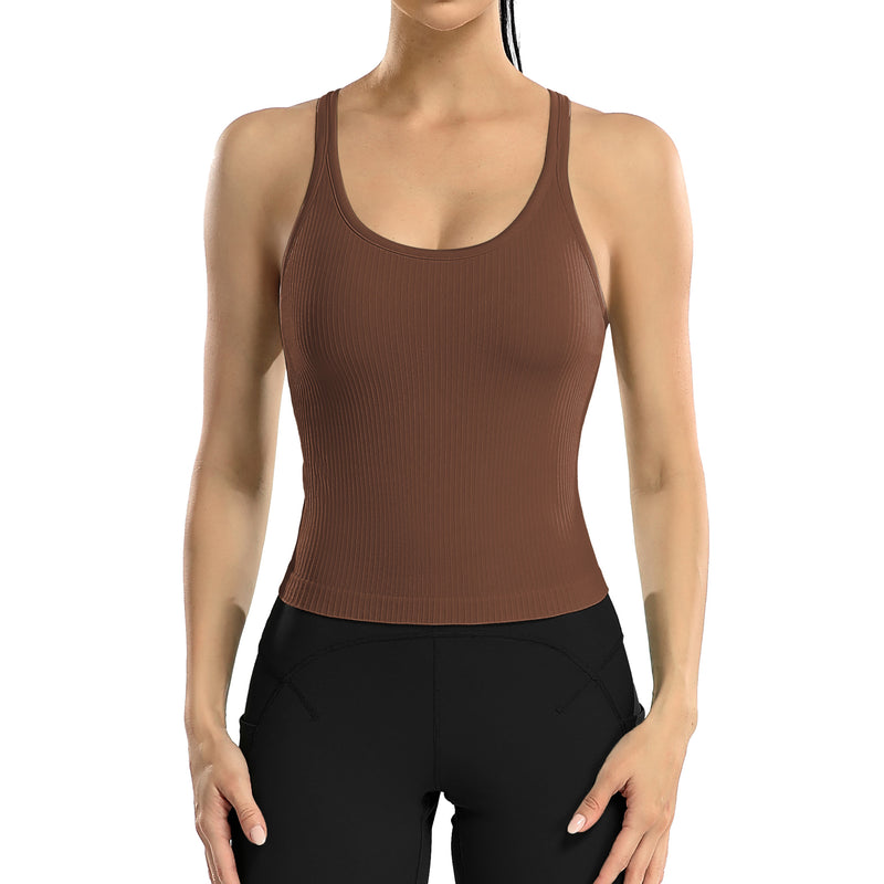 ANFERRY Ribbed Athletic Tank Tops for Women with Built in Bra Racerback Seamless Scoop Neck Workout Camis Top