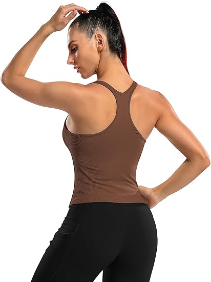 ANFERRY Ribbed Athletic Tank Tops for Women with Built in Bra Racerback Seamless Scoop Neck Workout Camis Top
