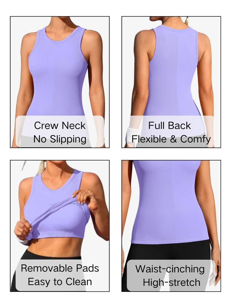 ANFERRY Ribbed Workout Tank Tops for Women Seamless Full Length Athletic Camisole with Built in Bra