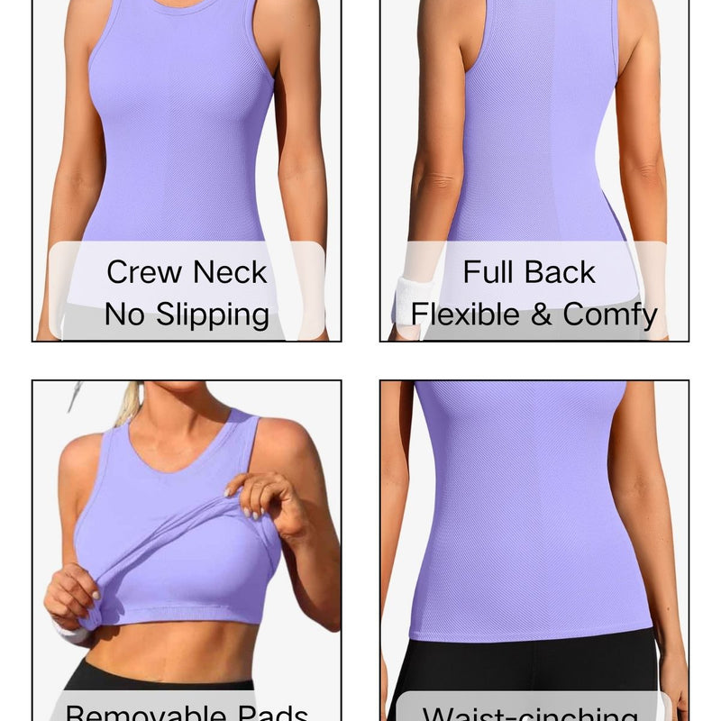 ANFERRY Ribbed Workout Tank Tops for Women Seamless Full Length Athletic Camisole with Built in Bra