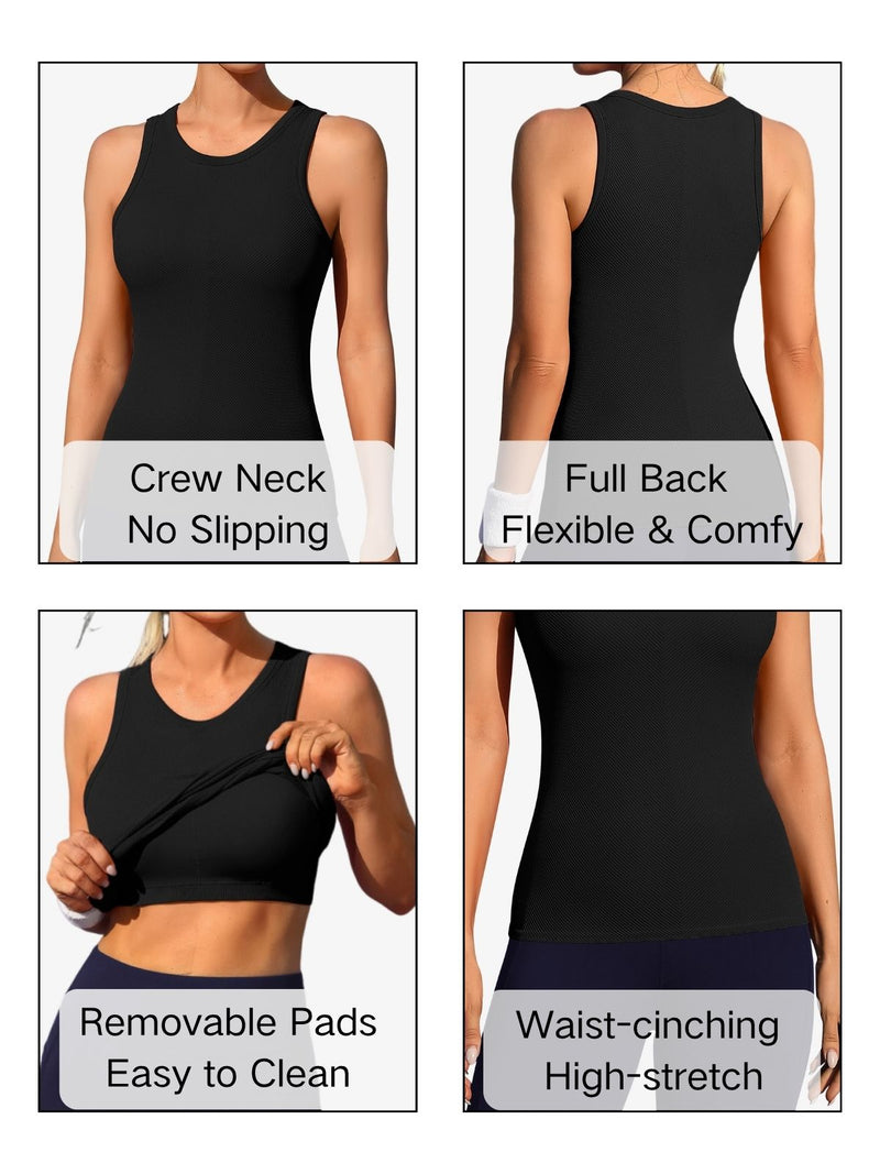 ANFERRY Ribbed Workout Tank Tops for Women Seamless Full Length Athletic Camisole with Built in Bra