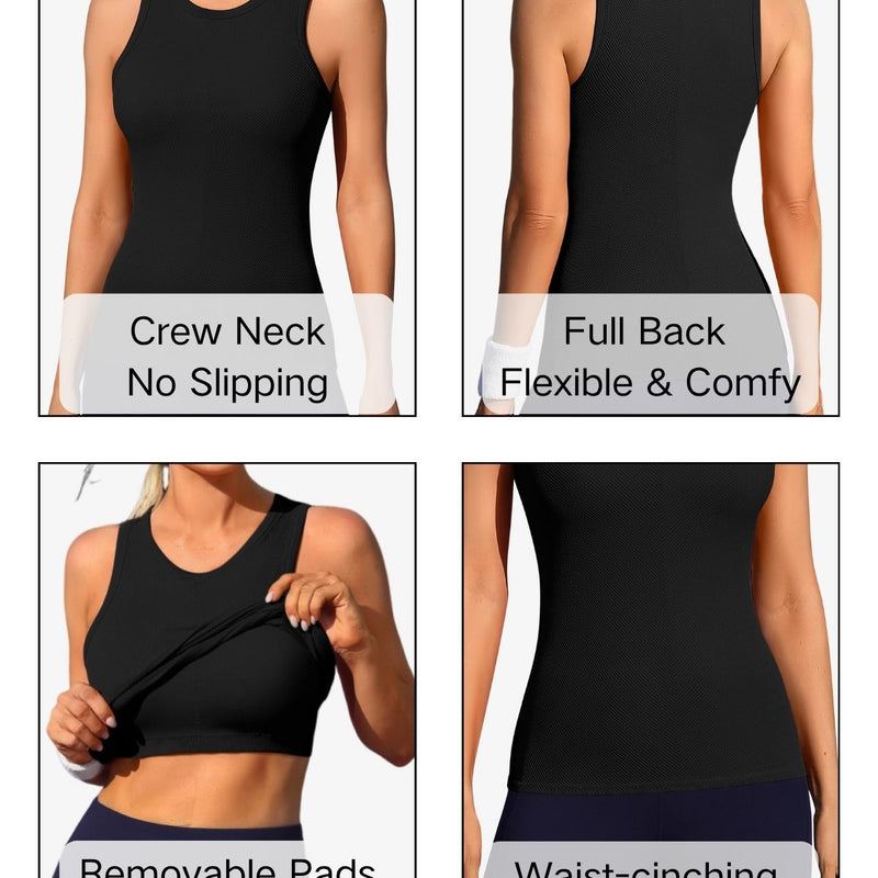 ANFERRY Ribbed Workout Tank Tops for Women Seamless Full Length Athletic Camisole with Built in Bra
