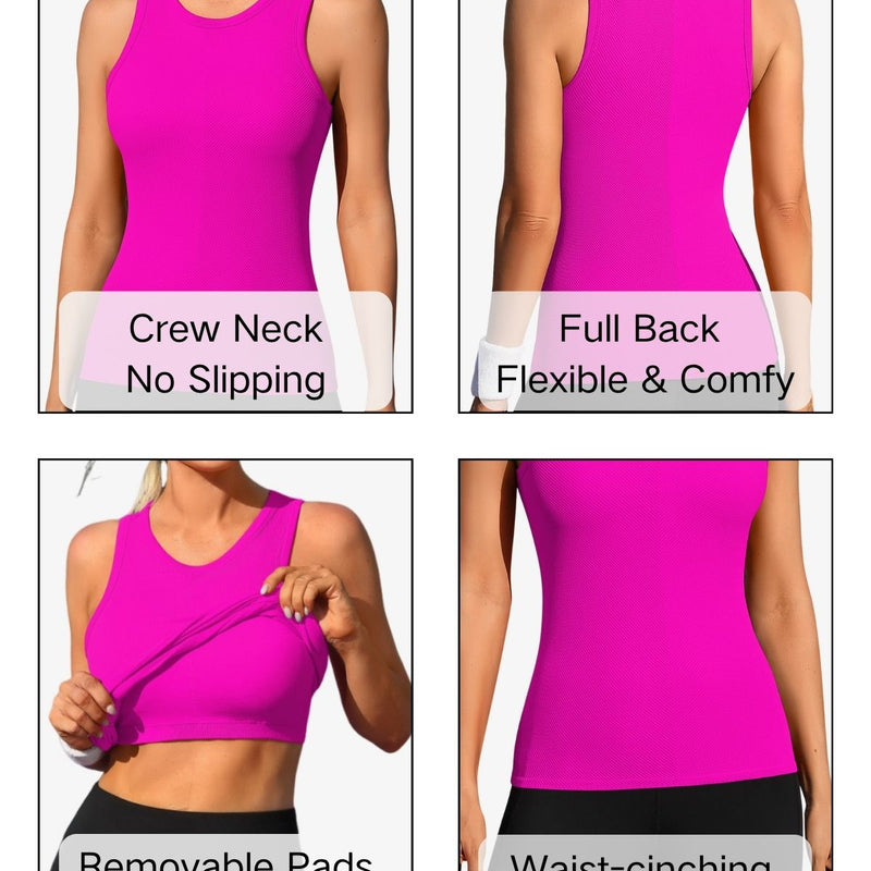 ANFERRY Ribbed Workout Tank Tops for Women Seamless Full Length Athletic Camisole with Built in Bra