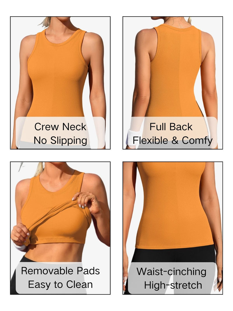 ANFERRY Ribbed Workout Tank Tops for Women Seamless Full Length Athletic Camisole with Built in Bra
