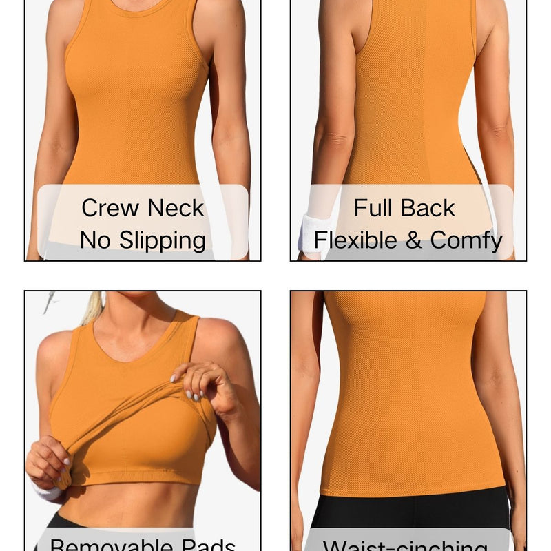 ANFERRY Ribbed Workout Tank Tops for Women Seamless Full Length Athletic Camisole with Built in Bra