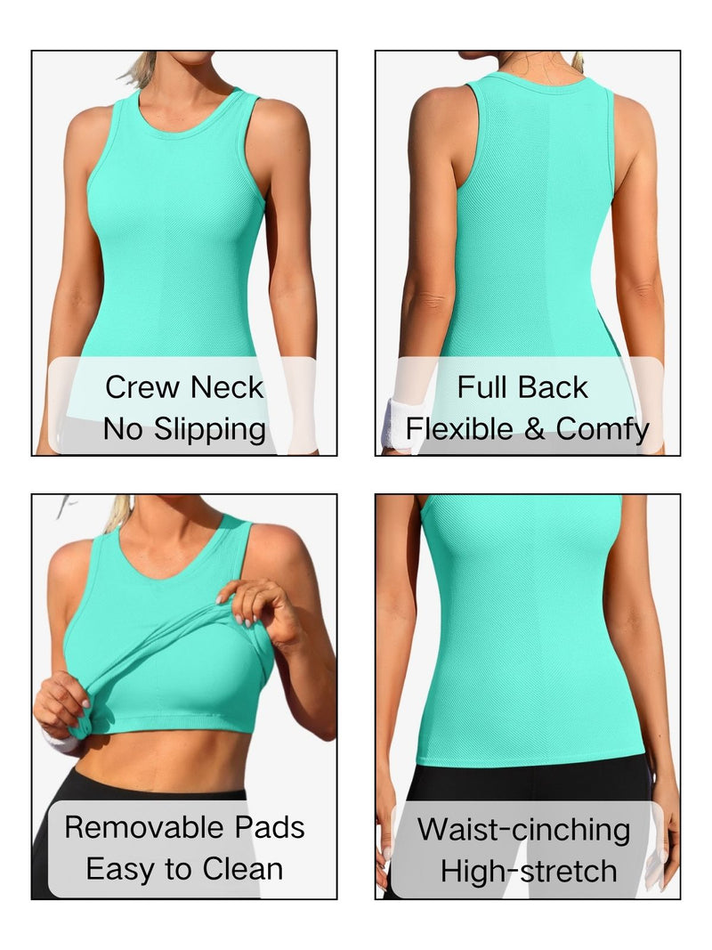 ANFERRY Ribbed Workout Tank Tops for Women Seamless Full Length Athletic Camisole with Built in Bra