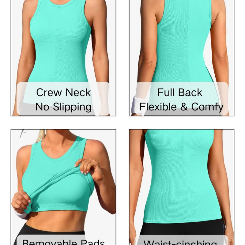 ANFERRY Ribbed Workout Tank Tops for Women Seamless Full Length Athletic Camisole with Built in Bra