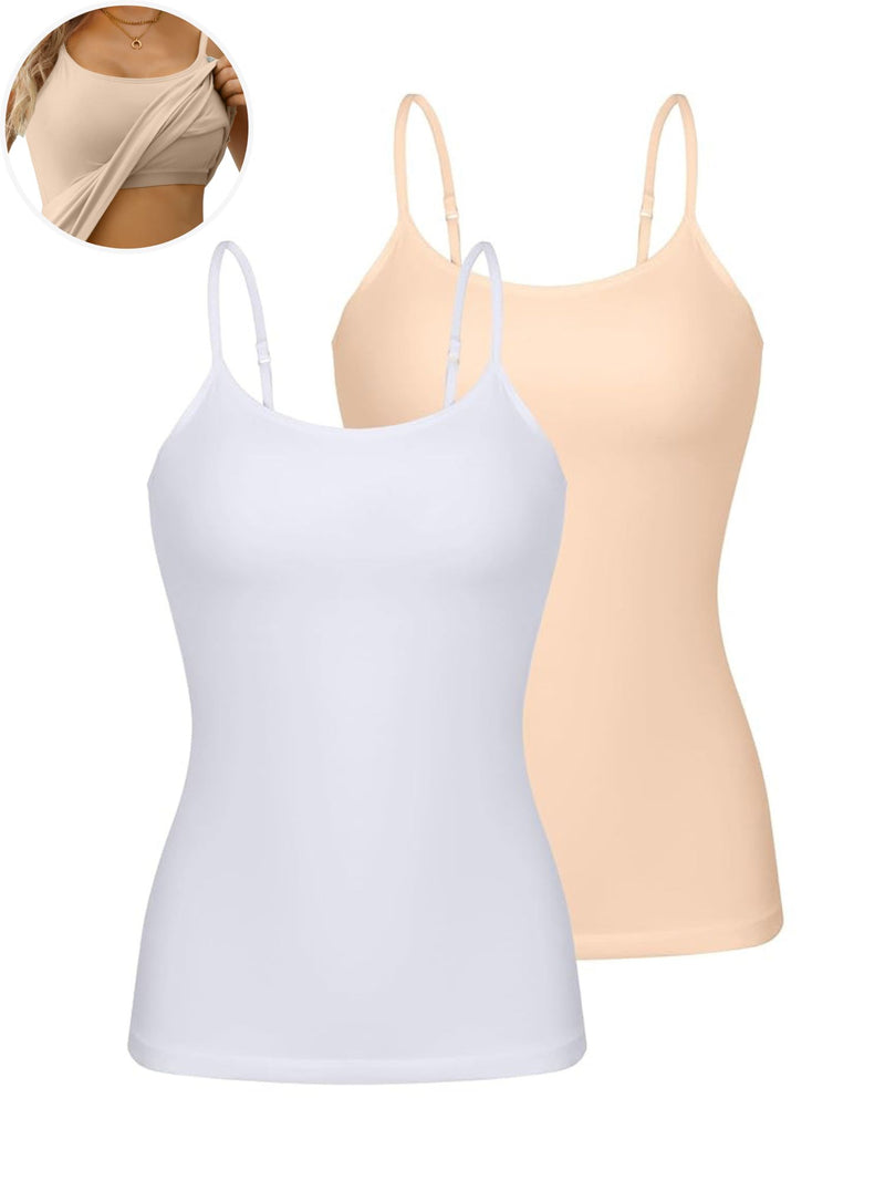 ANFERRY Womens Cotton Camisoles with Shelf Bra Solid Basic Spaghetti Straps Tank Tops Camis Pack of 2