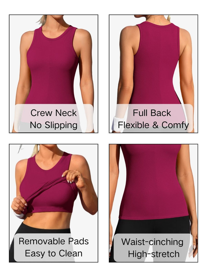ANFERRY Ribbed Workout Tank Tops for Women Seamless Full Length Athletic Camisole with Built in Bra