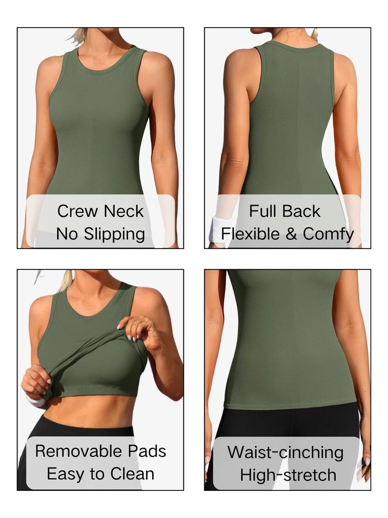 ANFERRY Ribbed Workout Tank Tops for Women Seamless Full Length Athletic Camisole with Built in Bra