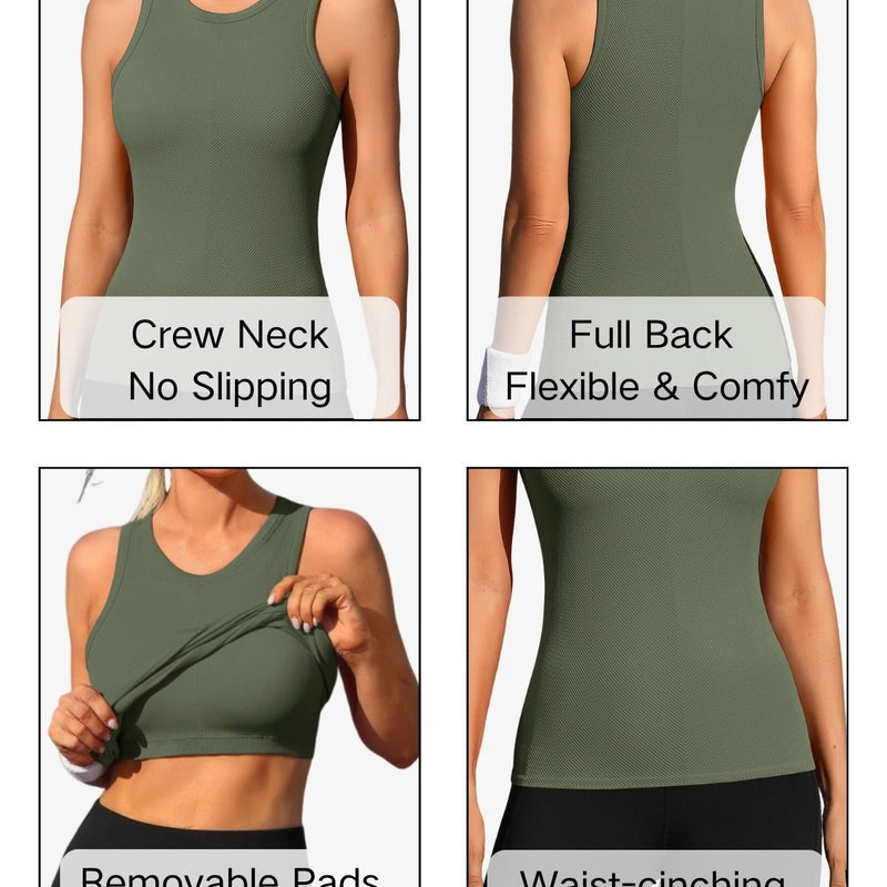 ANFERRY Ribbed Workout Tank Tops for Women Seamless Full Length Athletic Camisole with Built in Bra