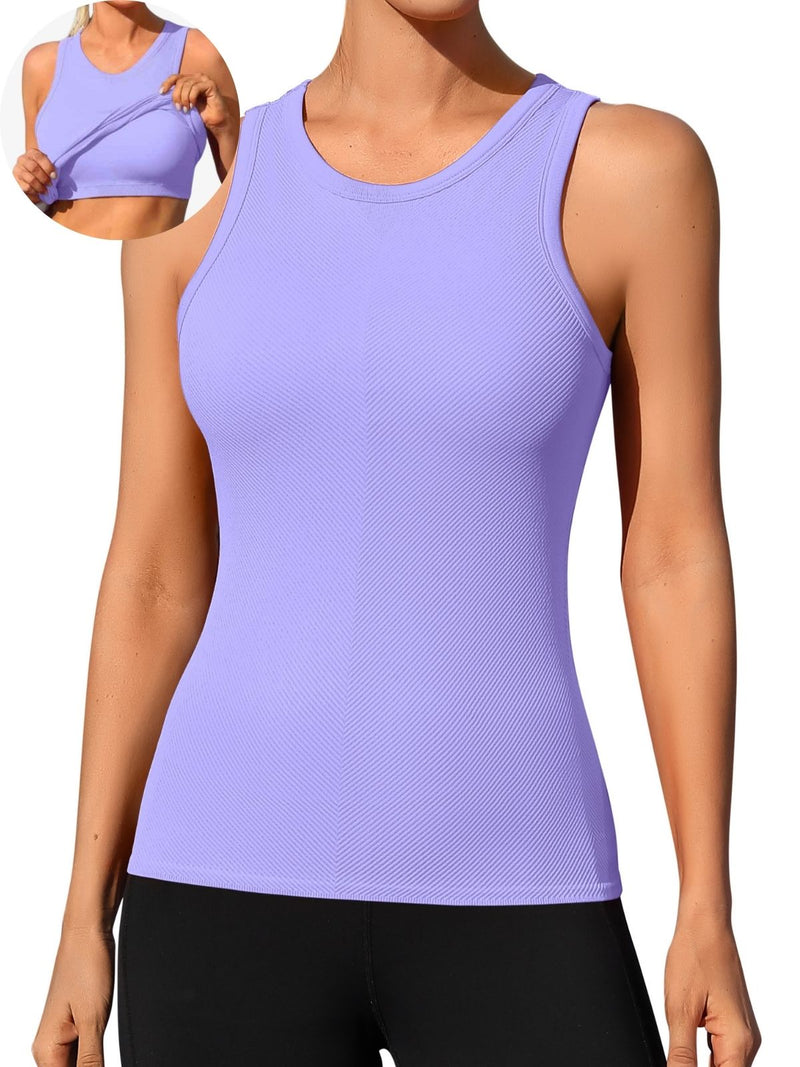 ANFERRY Ribbed Workout Tank Tops for Women Seamless Full Length Athletic Camisole with Built in Bra