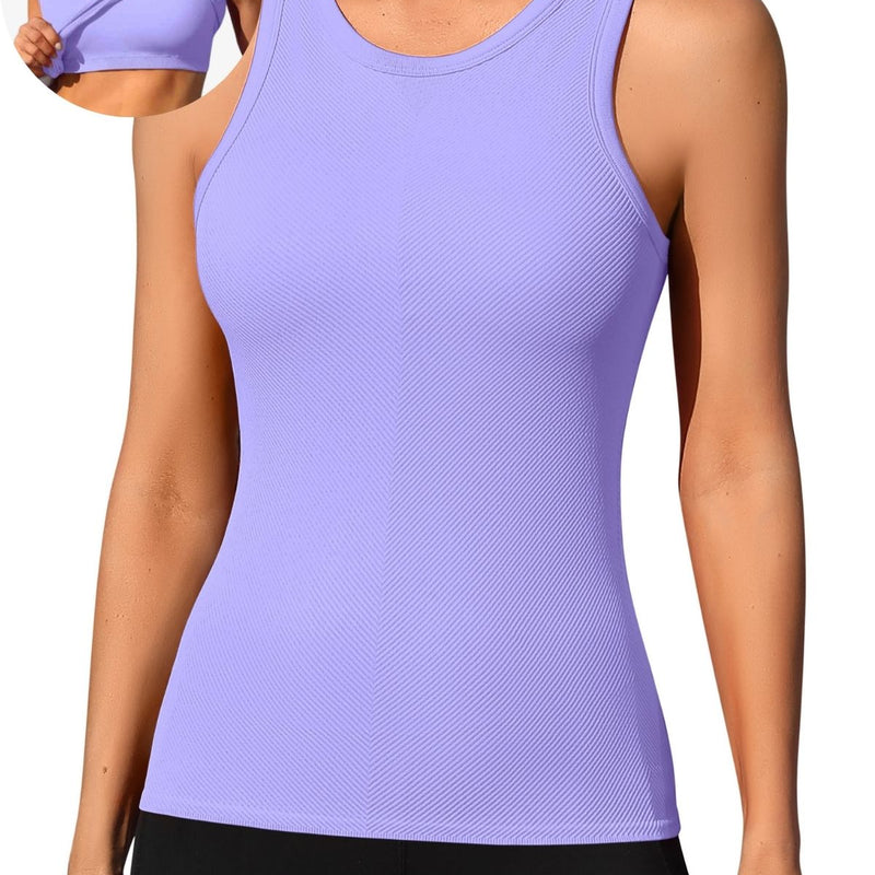 ANFERRY Ribbed Workout Tank Tops for Women Seamless Full Length Athletic Camisole with Built in Bra