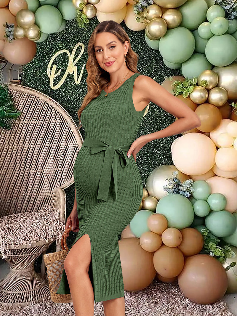 V FOR CITY Maternity Dress for Baby Shower Cable Knit Slit Pregnancy Dresses Casual Sleeveless Bodycon Pregnant Clothes
